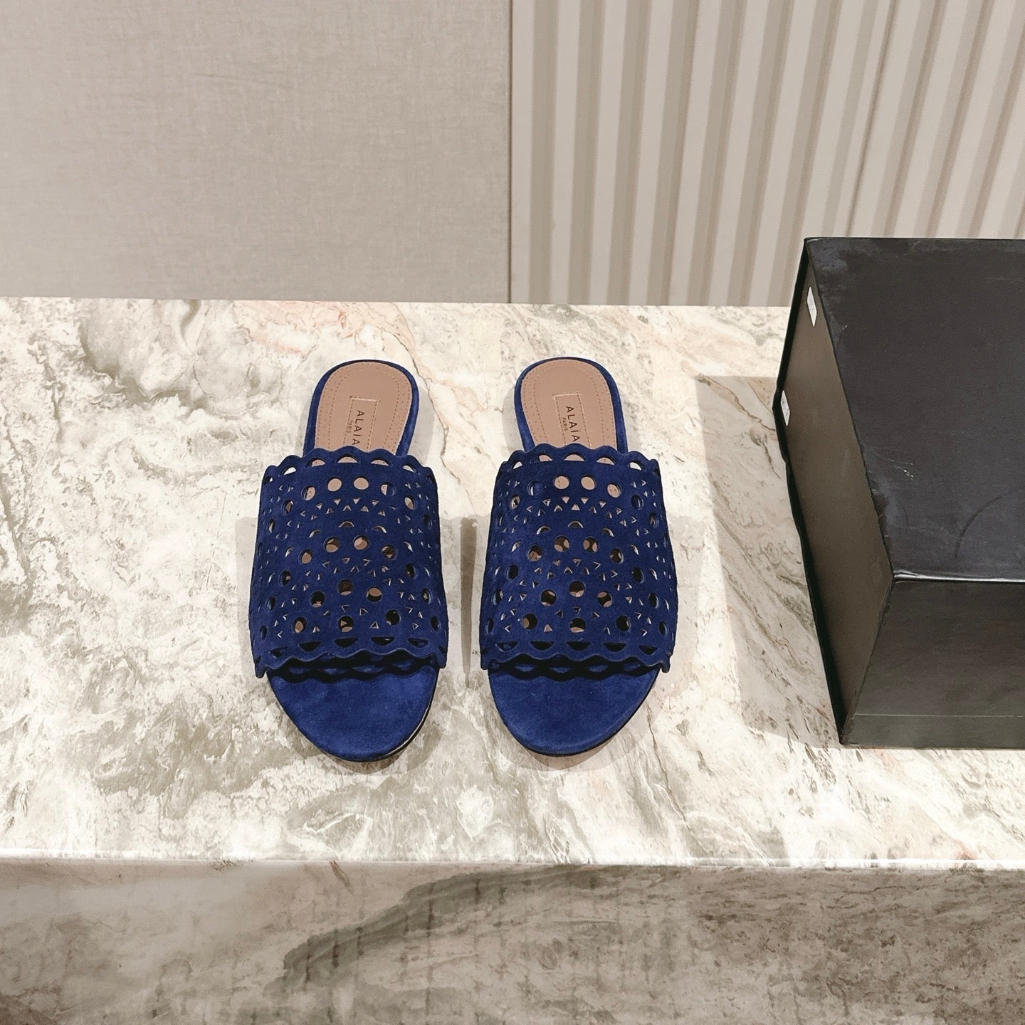 ALAIA PERFORATED SLIDE SANDALS 25S IN NAVY BLUE SUEDE - 35