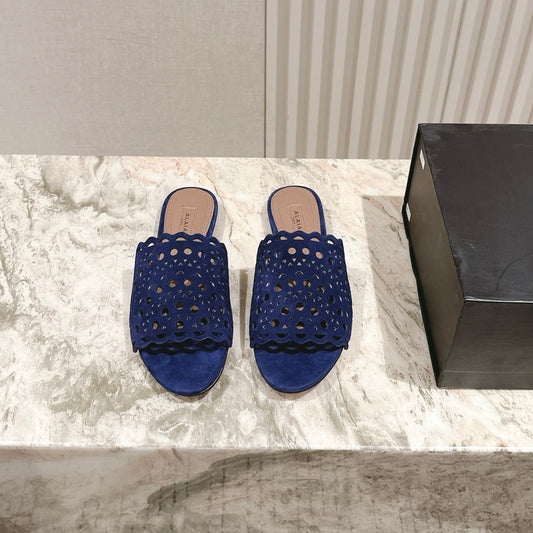 ALAIA PERFORATED SLIDE SANDALS 25S IN NAVY BLUE SUEDE - 35