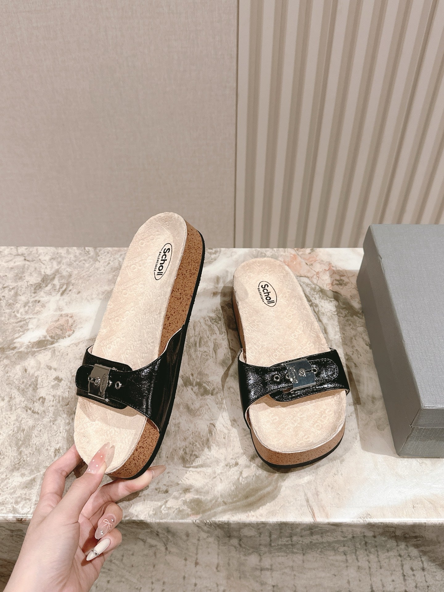 BALENCIAGA 25S SCHOLL SLIDES IN BLACK PU LEATHER WITH SILVER HARDWARE - 35