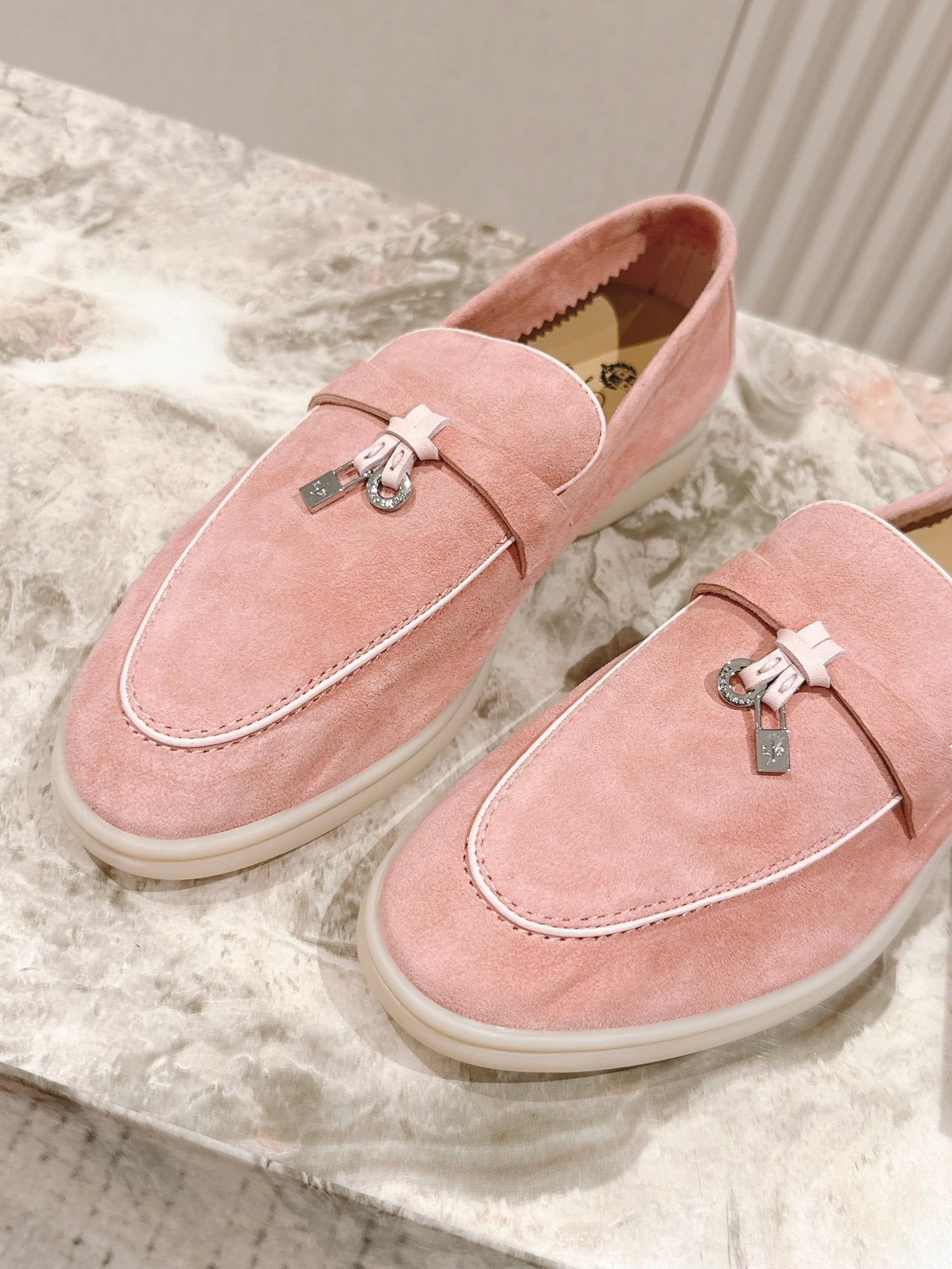 LP LOAFERS 25S IN LIGHT PINK SUEDE WITH SILVER HARDWARE - 35