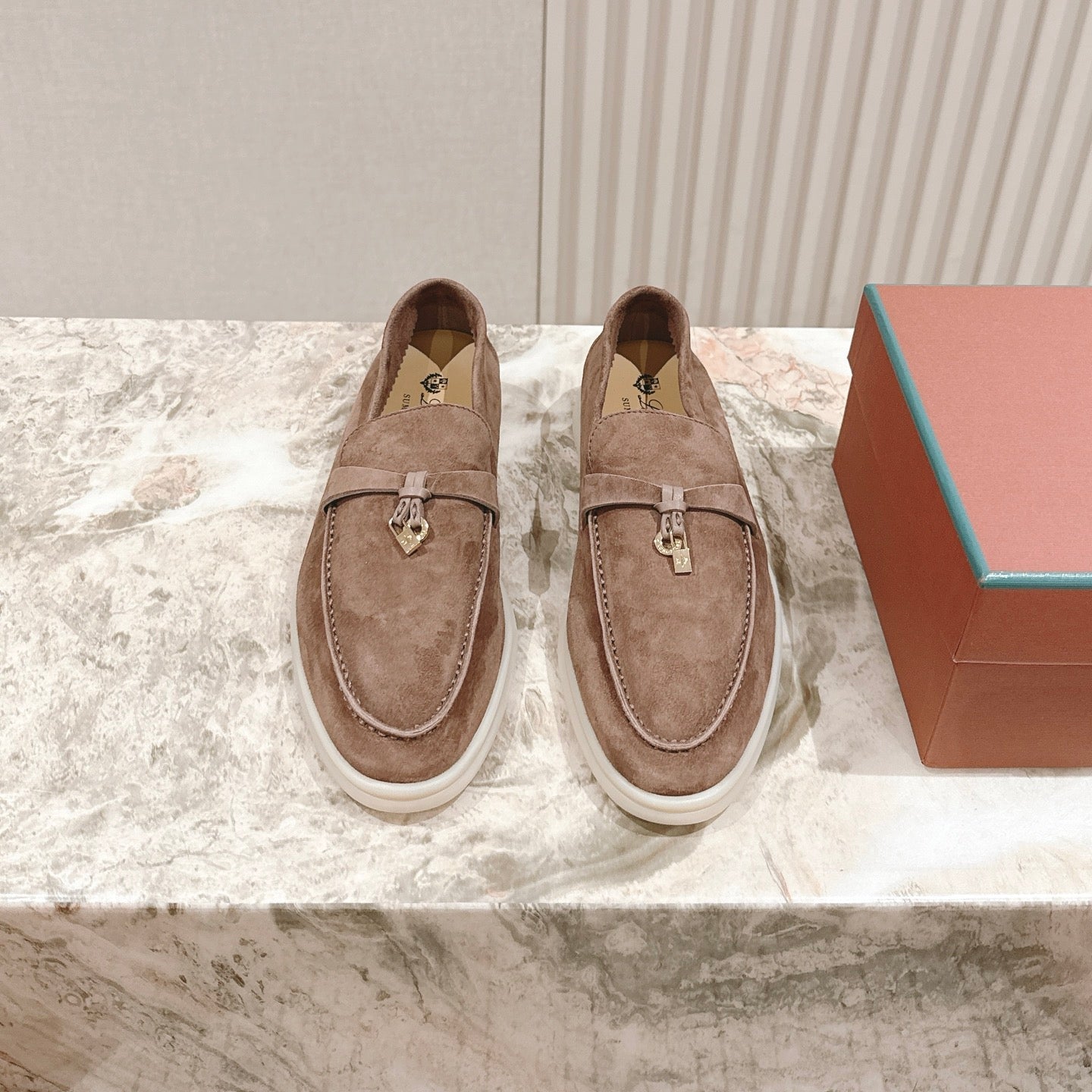 SUMMER WALK LOAFERS BROWN SUEDE WITH GOLD PADLOCK CHARM - 35