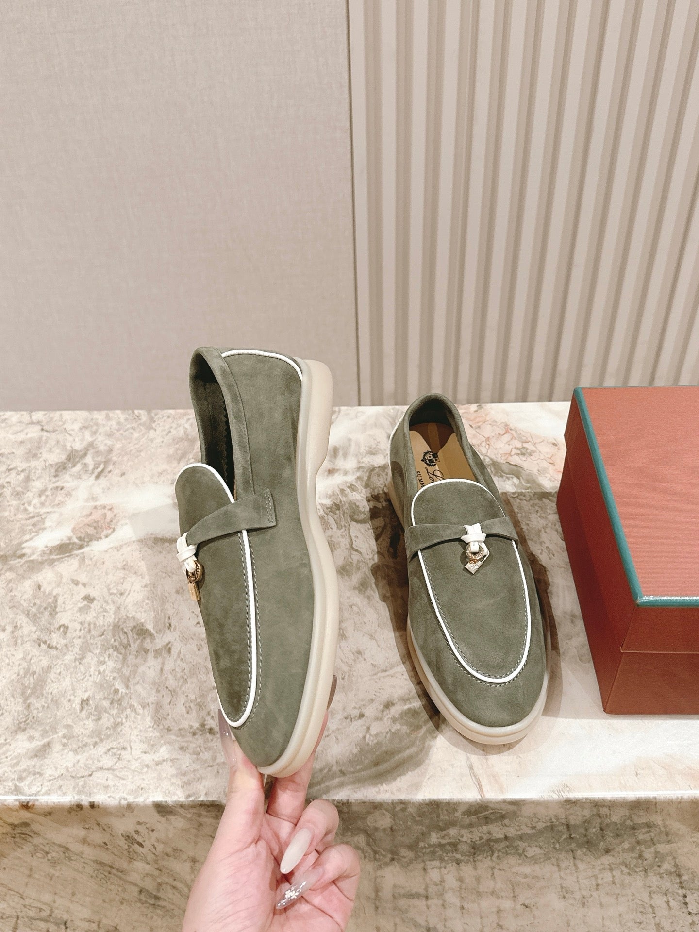 LP LOAFERS 25S IN MOSS GREEN SUEDE WITH SILVER HARDWARE - 35