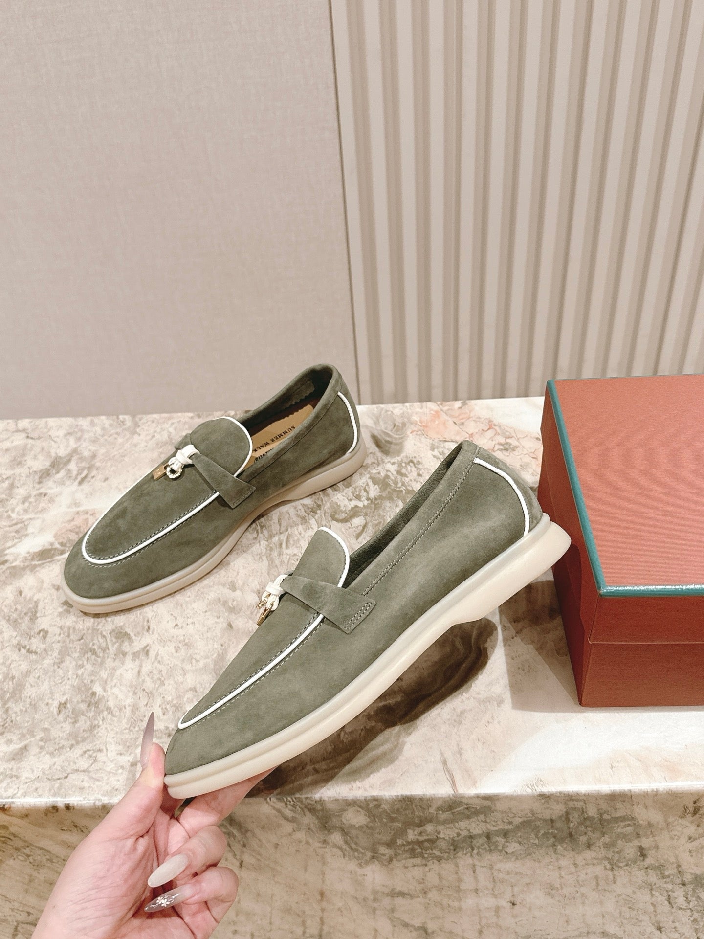 LP LOAFERS 25S IN MOSS GREEN SUEDE WITH SILVER HARDWARE - 35