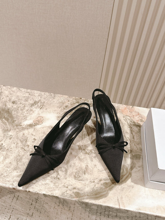 BALENCIAGA 25S HIGH SLINGBACK IN BLACK SATIN WITH SMALL BOW - 34 / 45 mm