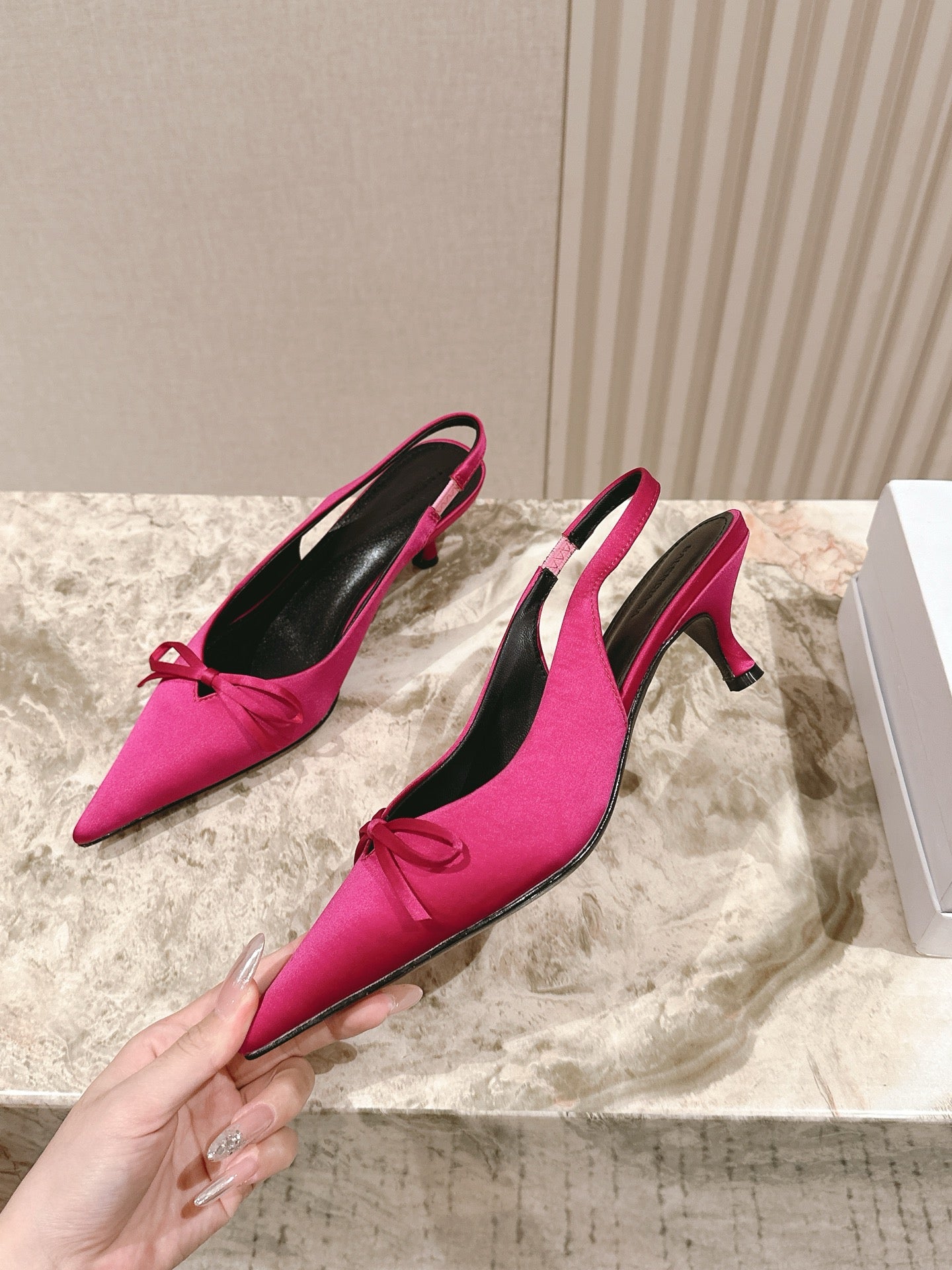 BALENCIAGA 25S HIGH SLINGBACK IN DARK PINK SATIN WITH SMALL BOW - 34 / 45 mm