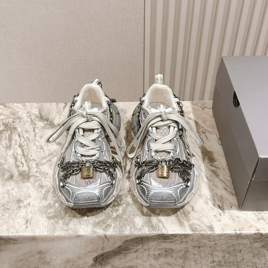 BALENCIAGA 25S 3XL SNEAKERS CHAIN-PADLOCK IN BEIGE MESH FABRIC AND SILVER PU - 35