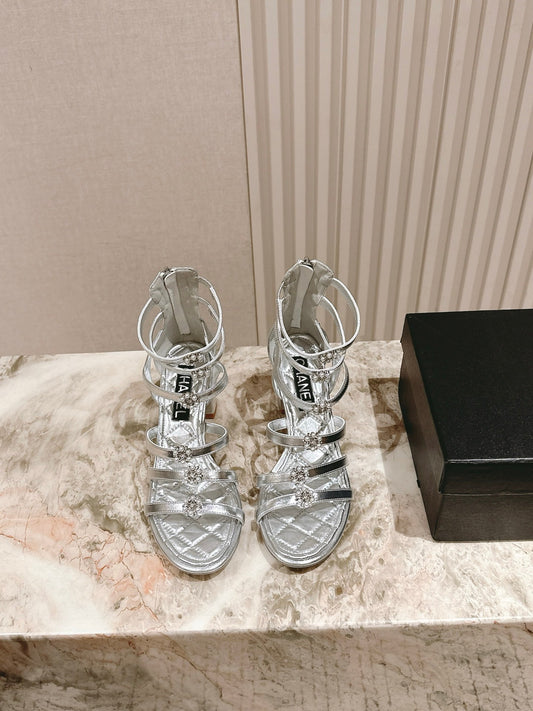 CC HIGH SANDAL 25S IN SILVER LAMBSKIN PEARL FLOWERS - 35