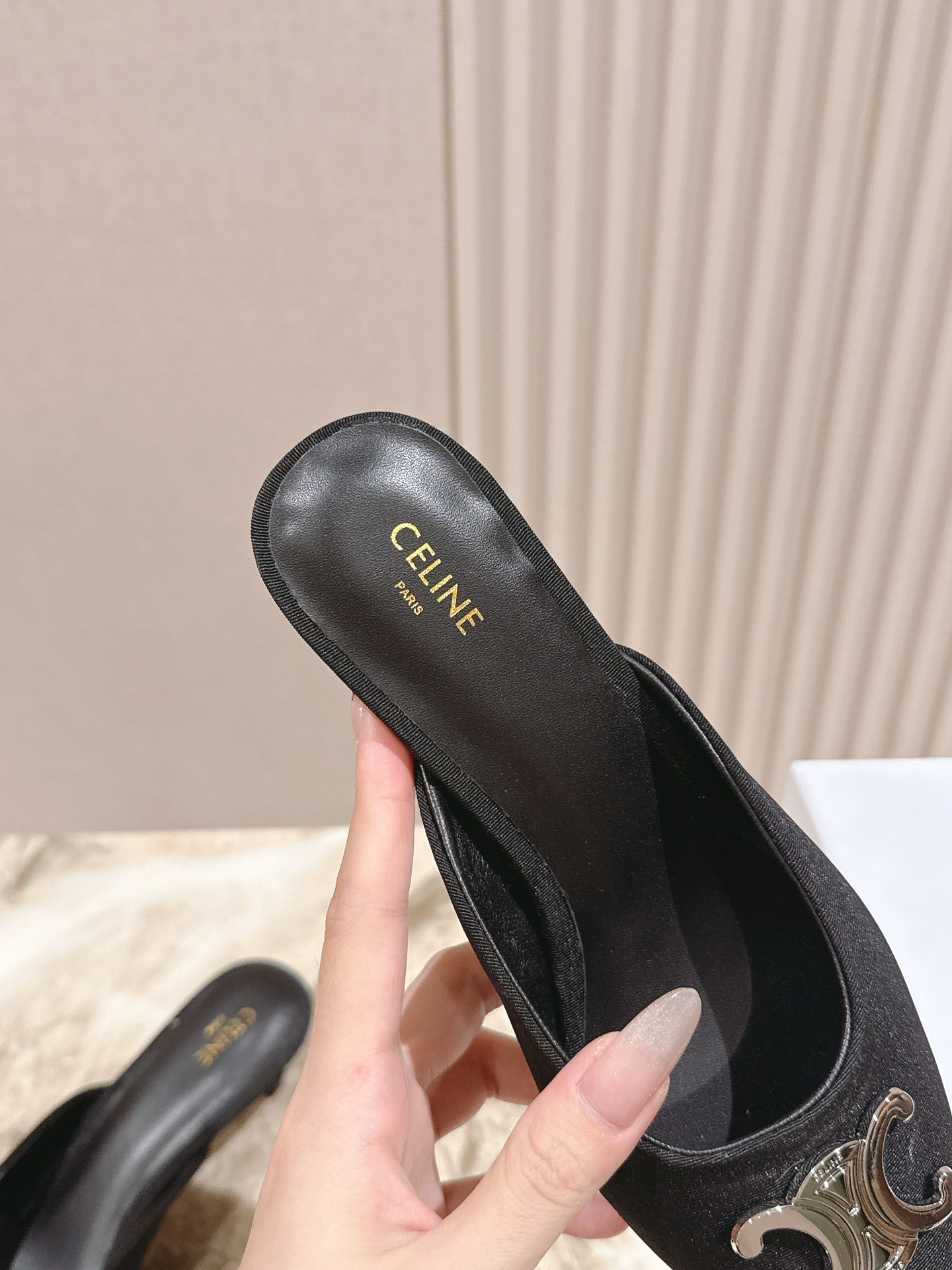 CELINE 25S ALMA TRIOMPHE MULE 45MM IN BLACK DENIM SILVER HARDWARE - 35