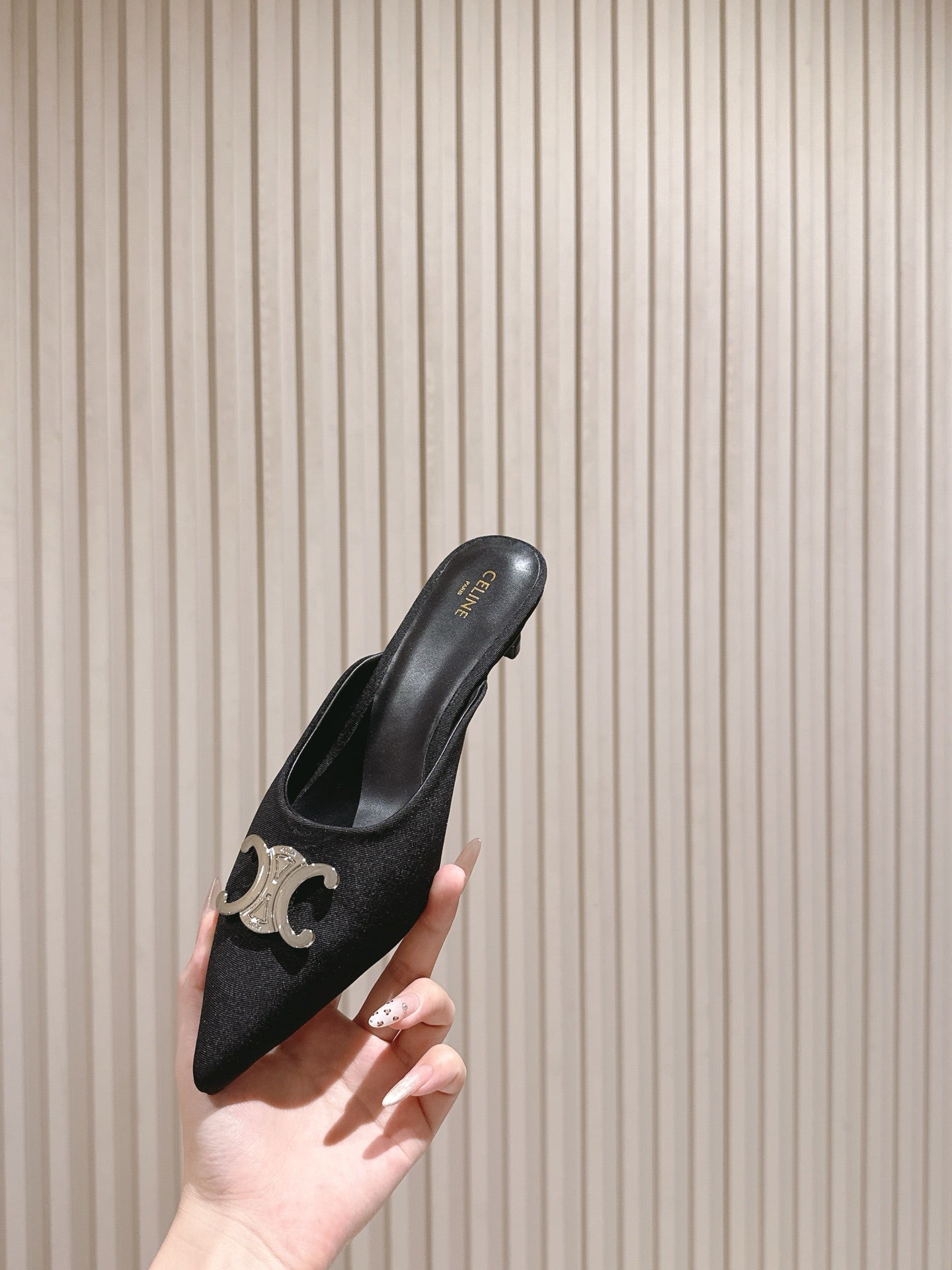 CELINE 25S ALMA TRIOMPHE MULE 45MM IN BLACK DENIM SILVER HARDWARE - 35