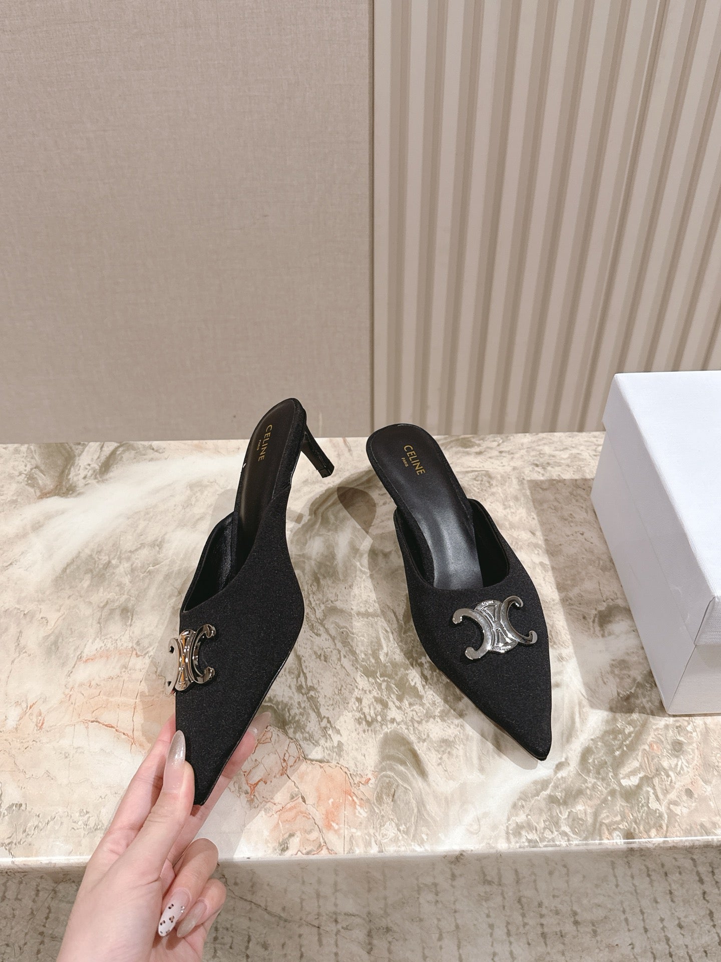 CELINE 25S ALMA TRIOMPHE MULE 45MM IN BLACK DENIM SILVER HARDWARE - 35