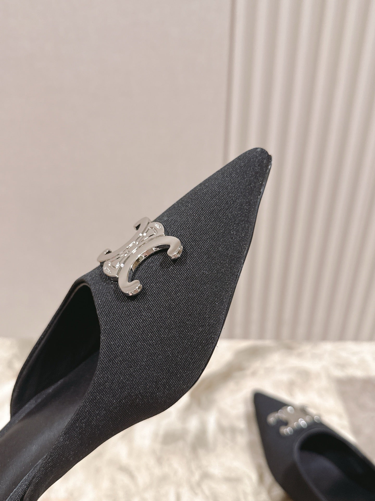 CELINE 25S ALMA TRIOMPHE MULE 45MM IN BLACK DENIM SILVER HARDWARE - 35