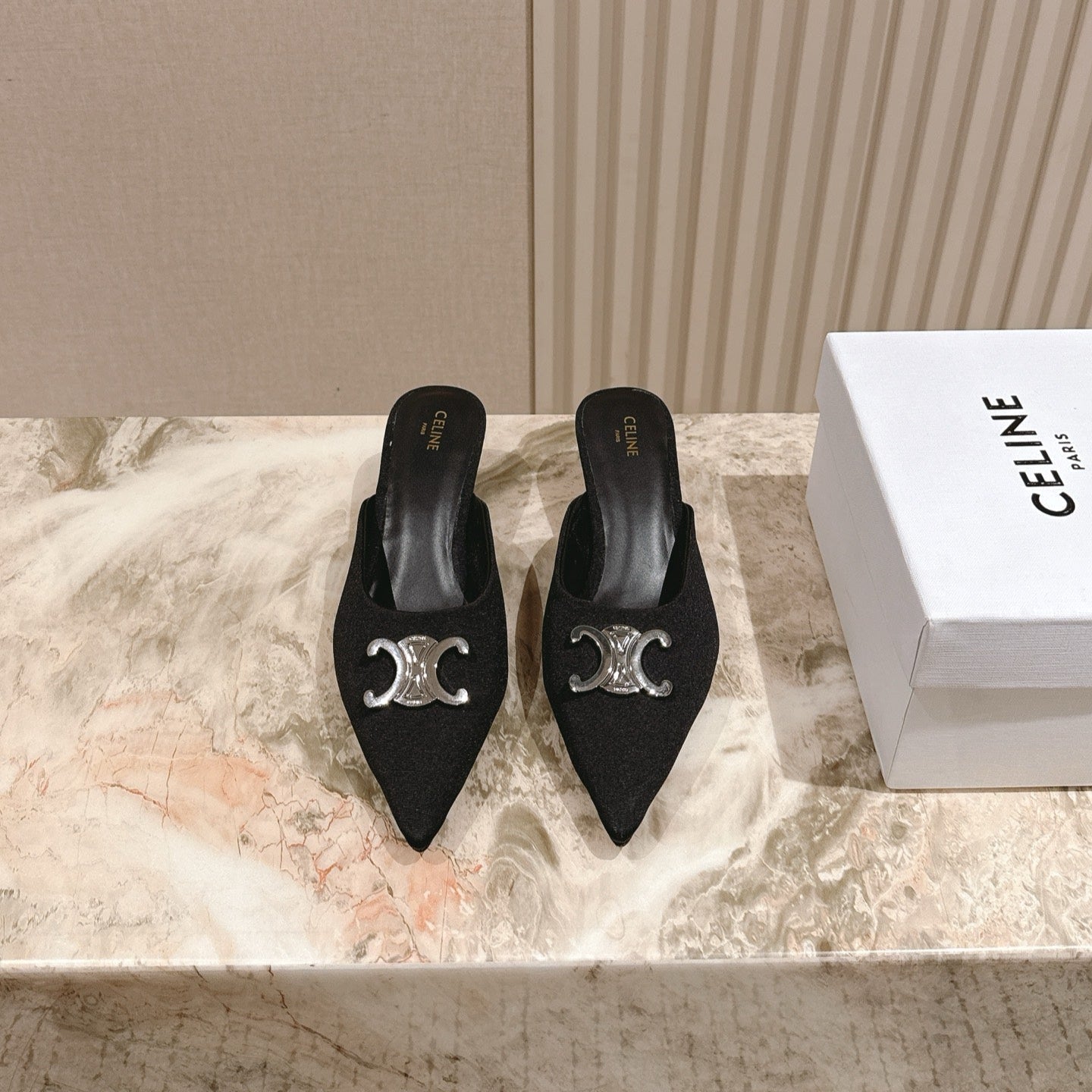CELINE 25S ALMA TRIOMPHE MULE 45MM IN BLACK DENIM SILVER HARDWARE - 35