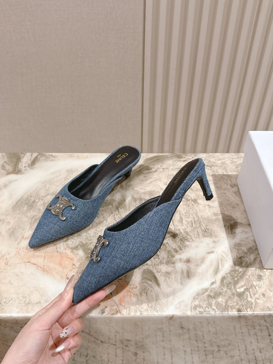 CELINE 25S ALMA TRIOMPHE МУЛІ 45 ММ З ДЕНІМУ СРІБНА ФУРНІТУРА - 35