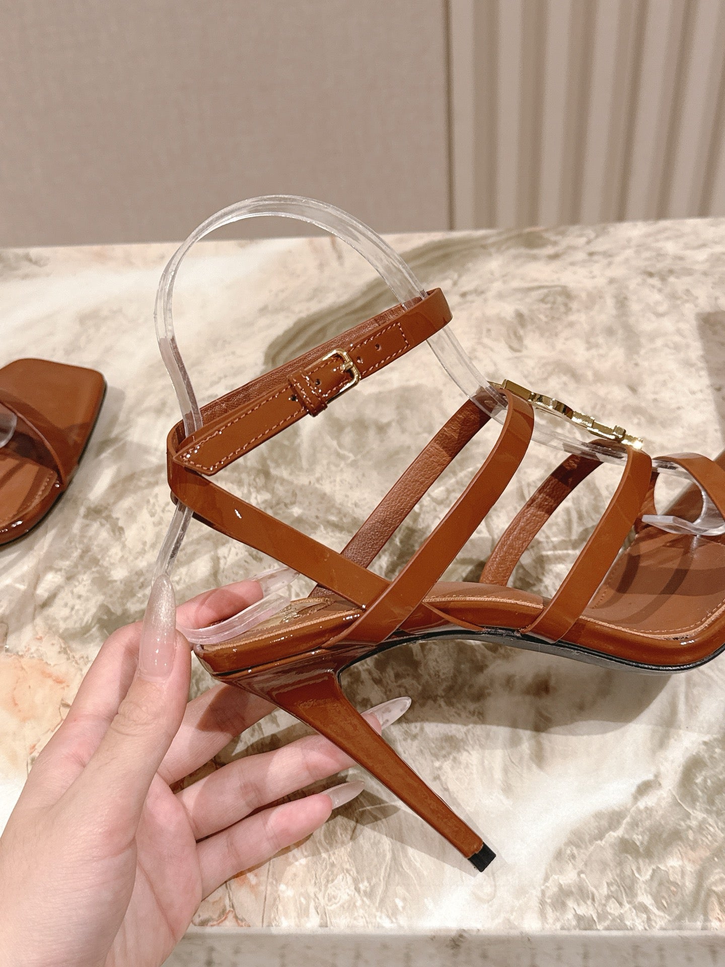 YSL 25S STILETTO HIGH-HEEL SANDALS 100 MM IN BROWN LAMBSKIN WITH GOLD HARDWARE - 35