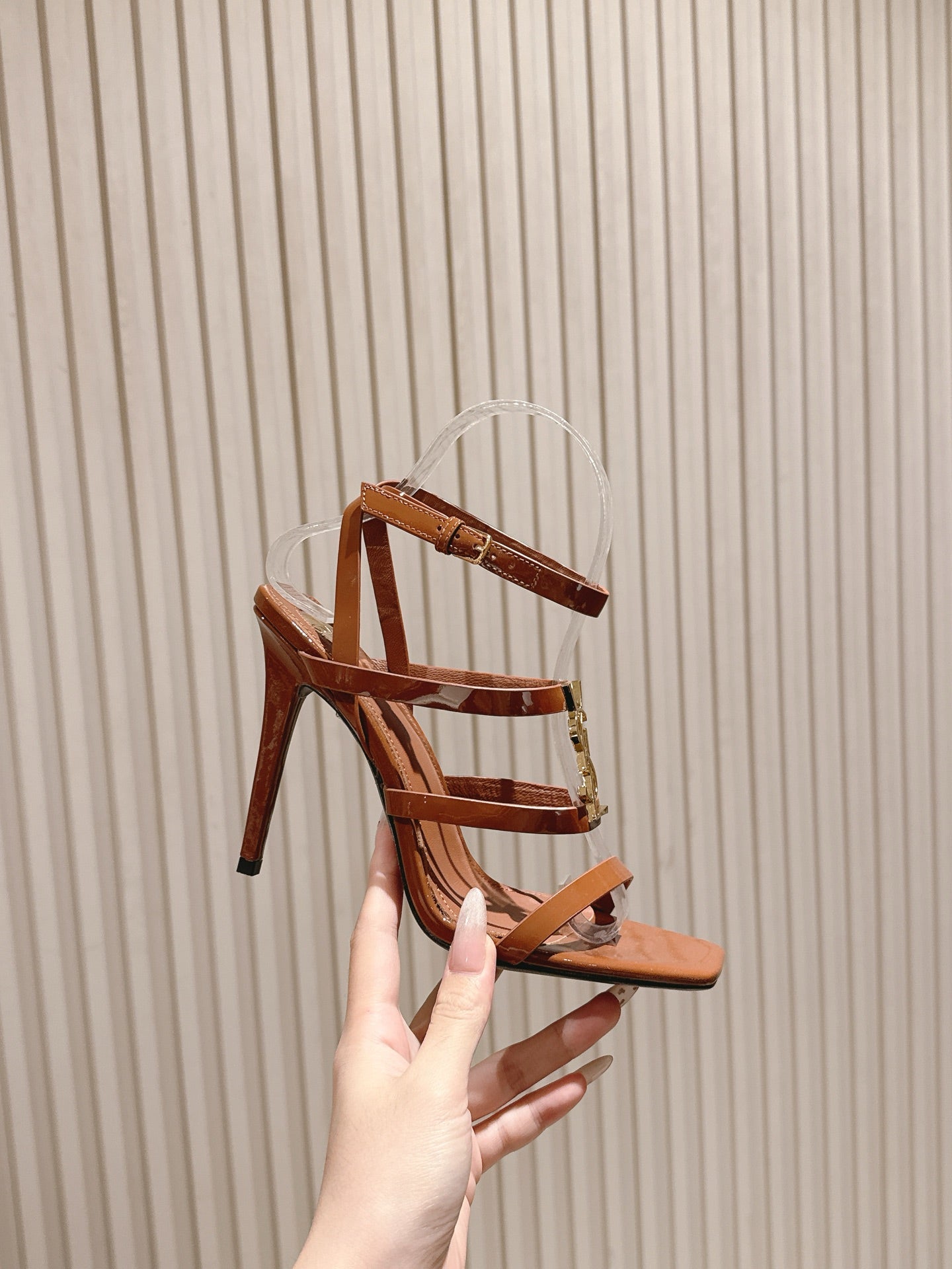 YSL 25S STILETTO HIGH-HEEL SANDALS 100 MM IN BROWN LAMBSKIN WITH GOLD HARDWARE - 35