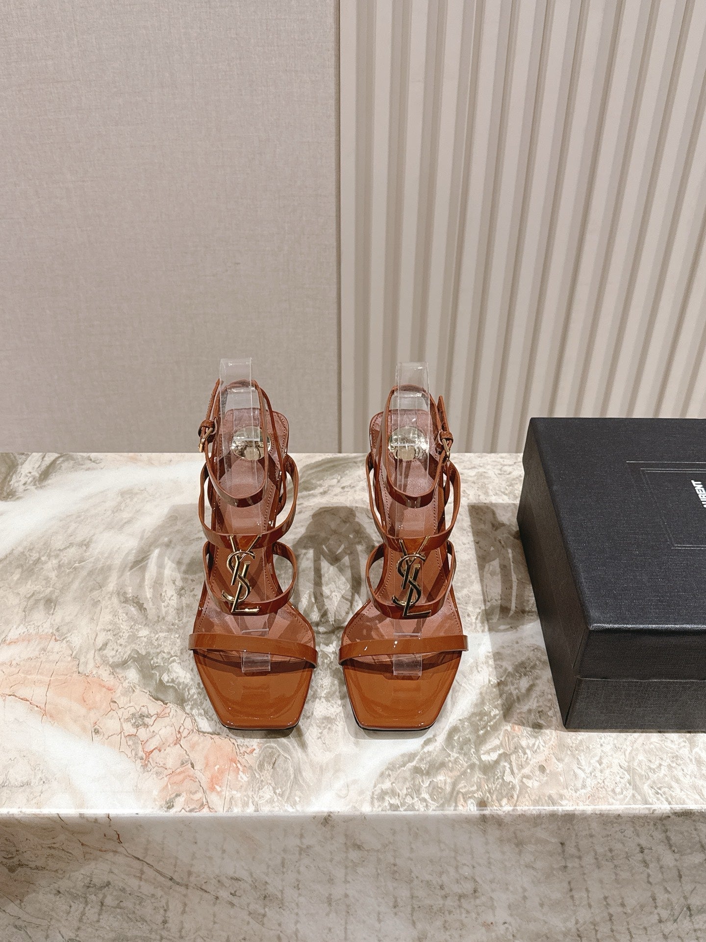 YSL 25S STILETTO HIGH-HEEL SANDALS 100 MM IN BROWN LAMBSKIN WITH GOLD HARDWARE - 35
