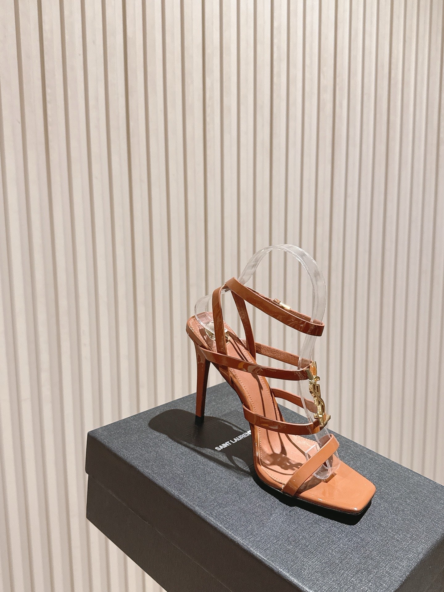 YSL 25S STILETTO HIGH-HEEL SANDALS 100 MM IN BROWN LAMBSKIN WITH GOLD HARDWARE - 35