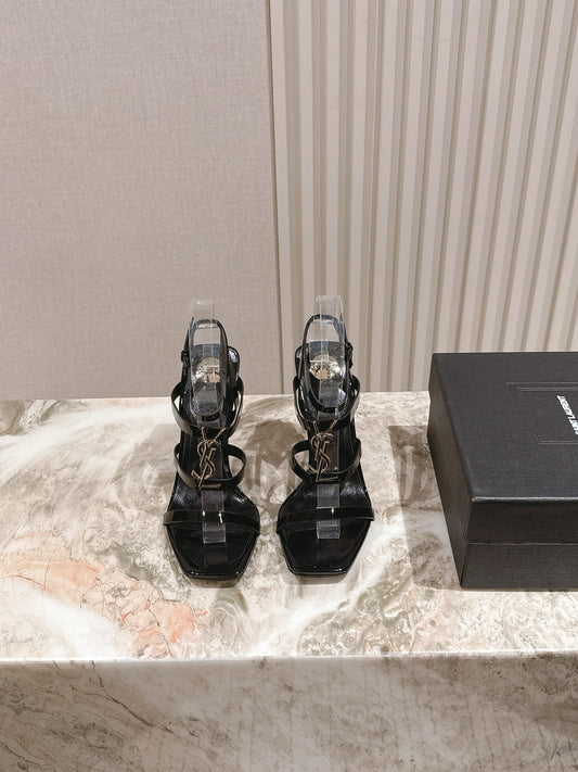 YSL 25S STILETTO HIGH-HEEL SANDALS 100 MM IN BLACK LAMBSKIN WITH GOLD HARDWARE - 35