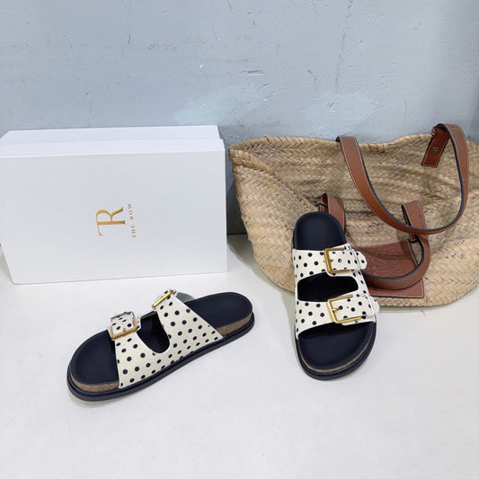 ШЛЬОПАНЦІ THE ROW 26S DOUBLE STRAP З ТЕЛЯЧОЇ ШКІРИ З БІЛИМ ВІЗЕРУНКОМ У ГОРОШОК
