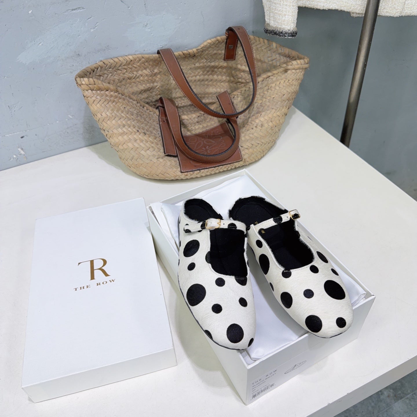THE ROW 26S MARY JANE FLATS IN WHITE CALFSKIN POLKA DOT CALF HAIR