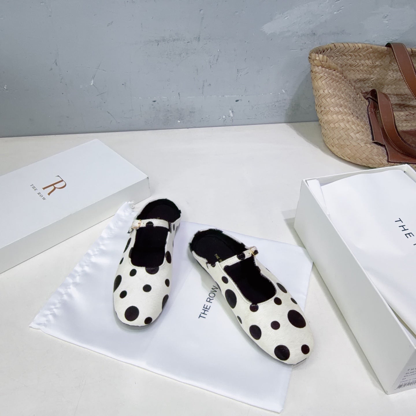 THE ROW 26S MARY JANE FLATS IN WHITE CALFSKIN POLKA DOT CALF HAIR