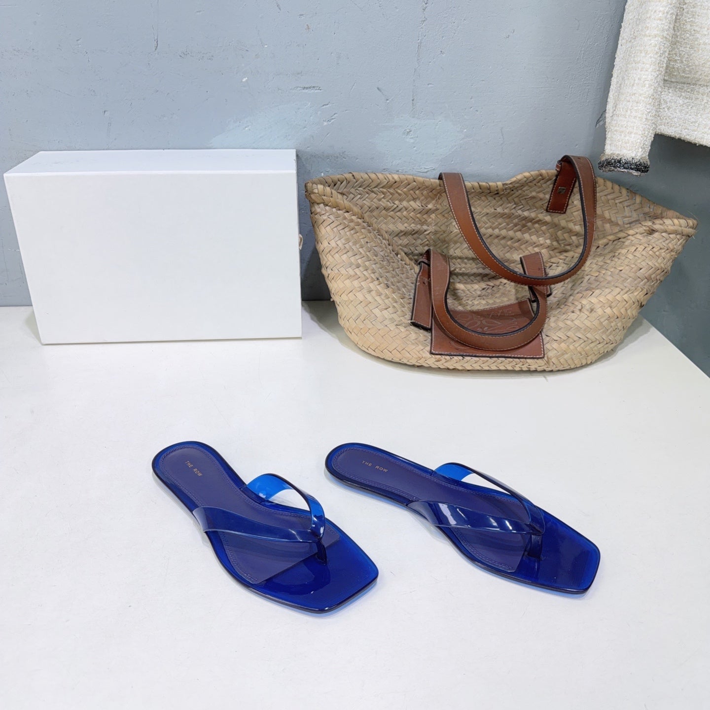 THE ROW 26S SQUARE TOE THONG SANDALS IN TRANSLUCENT BLUE PVC WITH SILVER FOOTBED