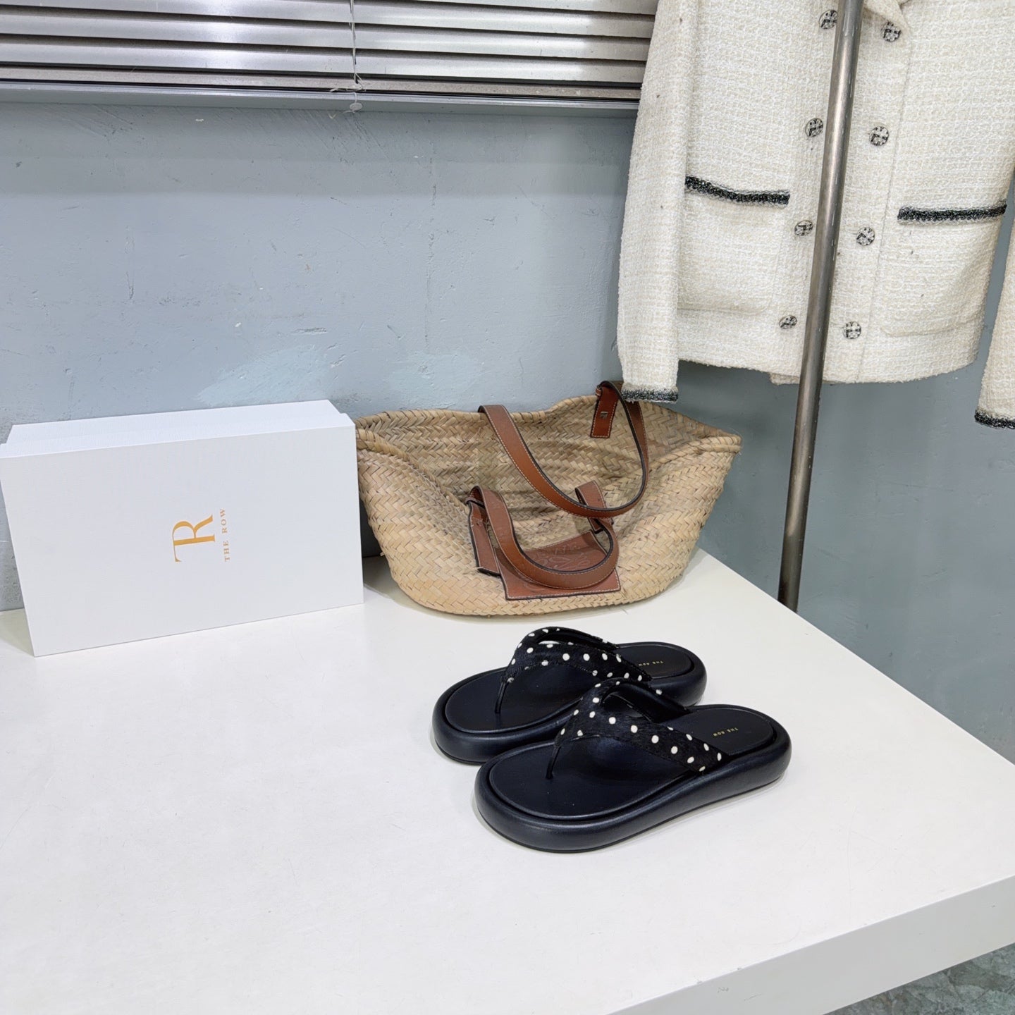THE ROW 26S THONG SANDALS IN BLACK CALFSKIN & POLKA DOT CALF HAIR STRAPS