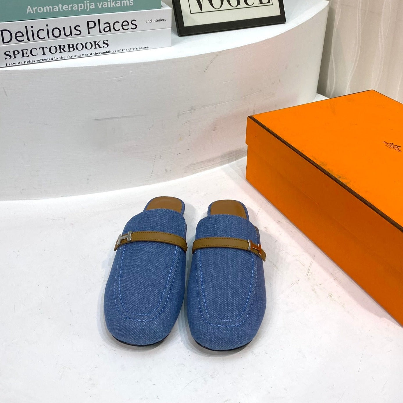 IENA MULE LAPIS CANVAS AND CARAMEL CALFSKIN - 35
