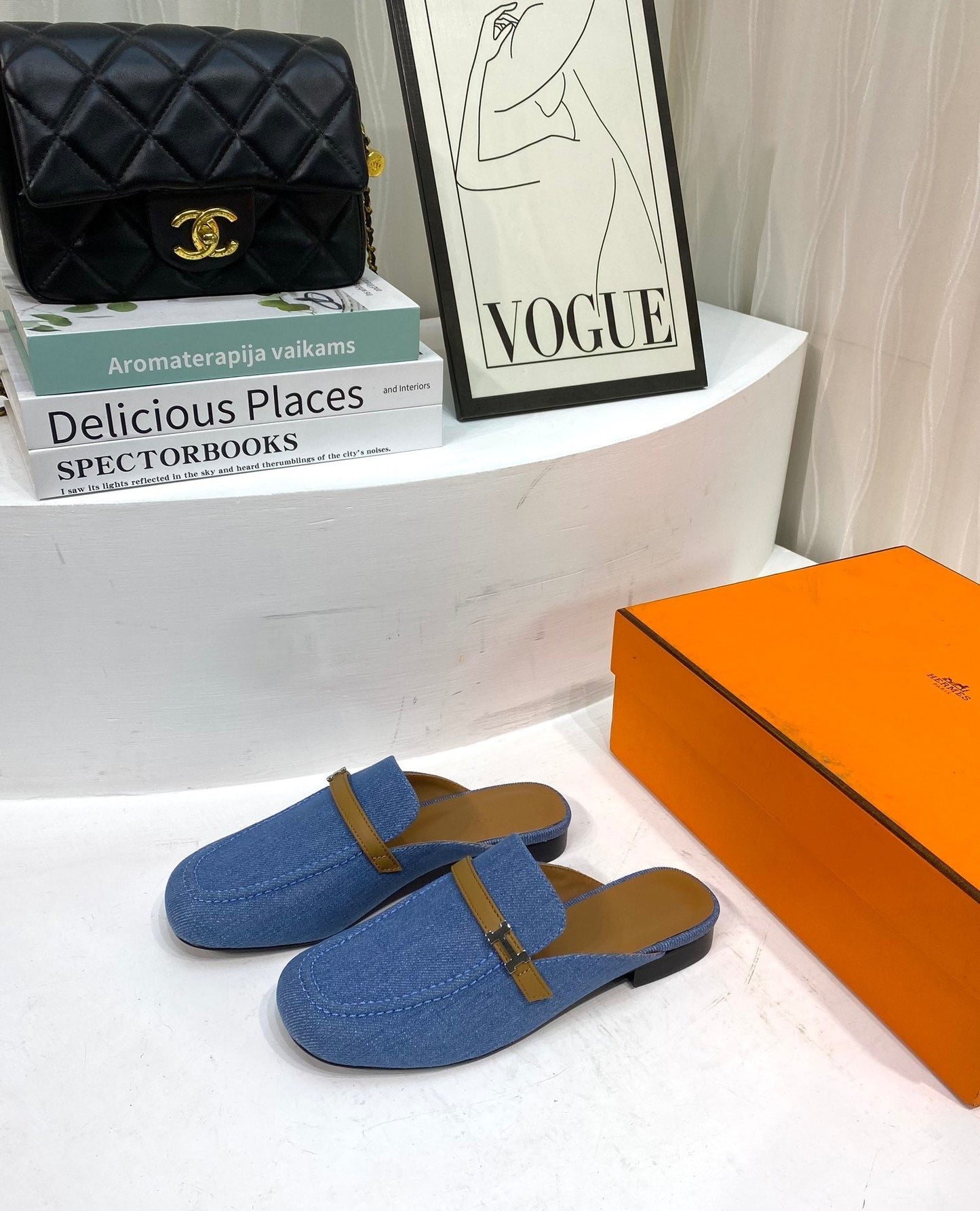 IENA MULE LAPIS CANVAS AND CARAMEL CALFSKIN - 35