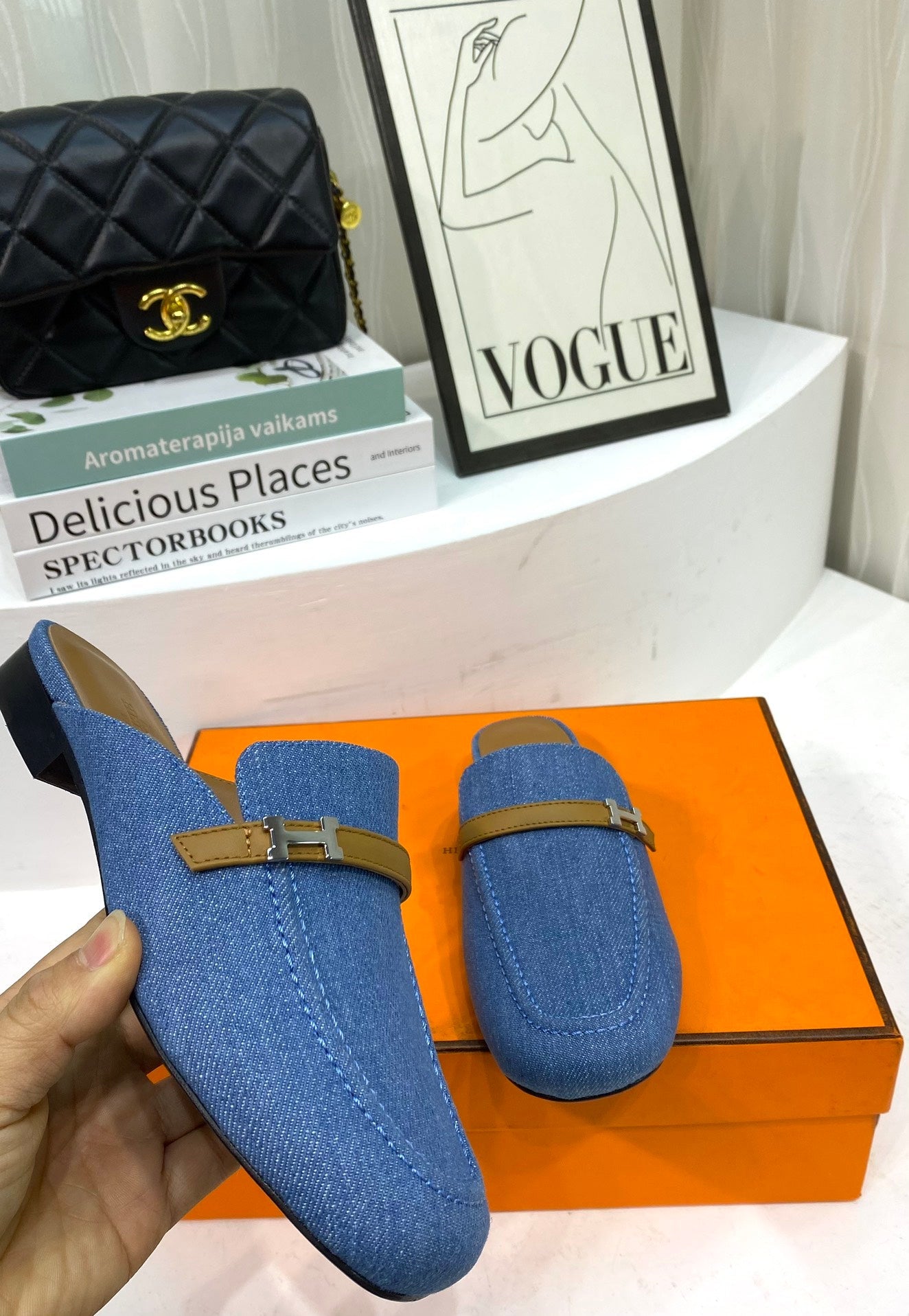 IENA MULE LAPIS CANVAS AND CARAMEL CALFSKIN - 35