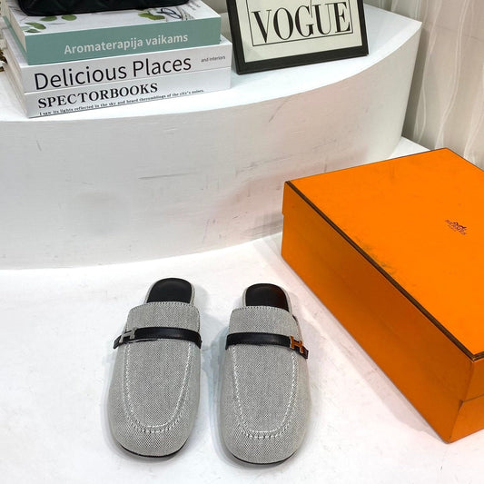 IENA MULE  GRAY CANVAS AND BLACK CALFSKIN - 35