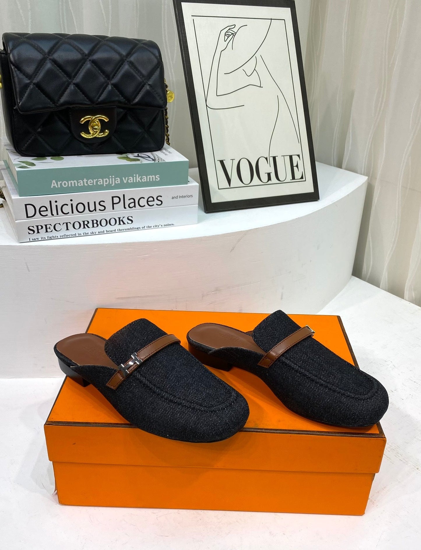 IENA MULE  BLACK CANVAS AND BROWN CALFSKIN - 35