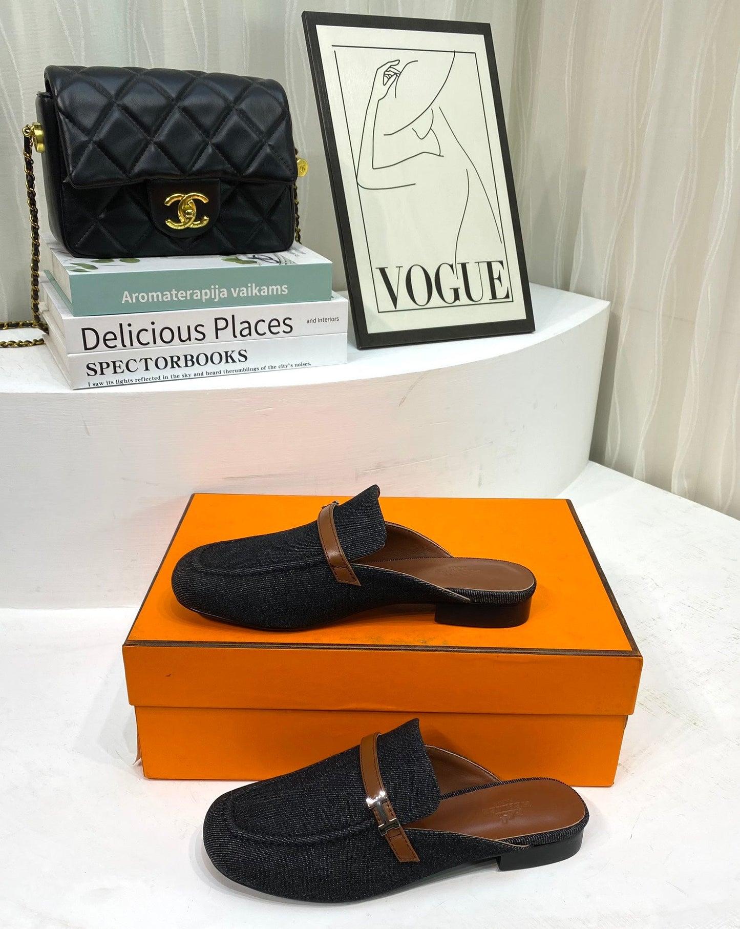 IENA MULE  BLACK CANVAS AND BROWN CALFSKIN - 35