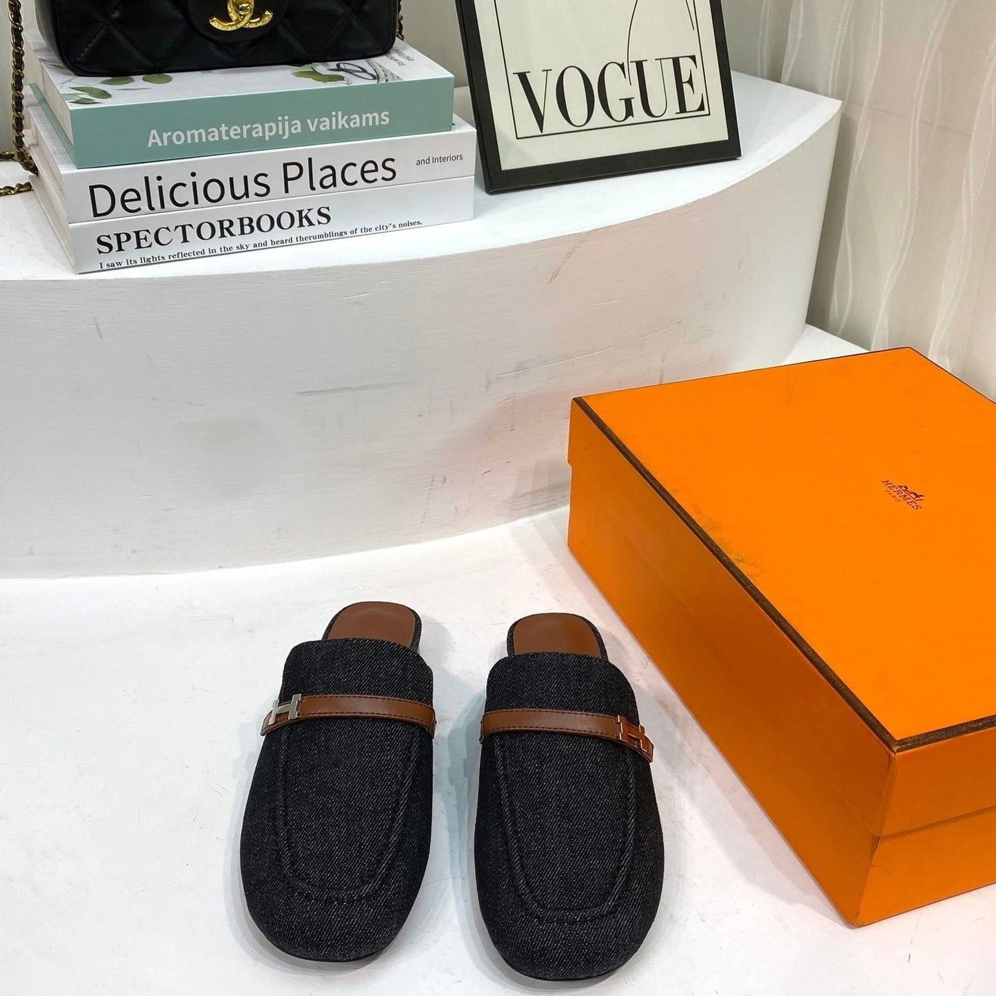 IENA MULE  BLACK CANVAS AND BROWN CALFSKIN - 35