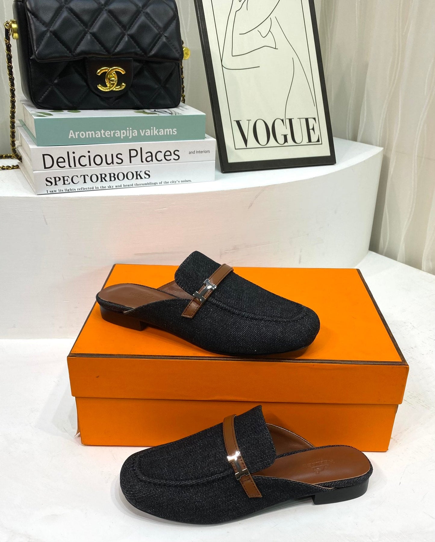 IENA MULE  BLACK CANVAS AND BROWN CALFSKIN - 35