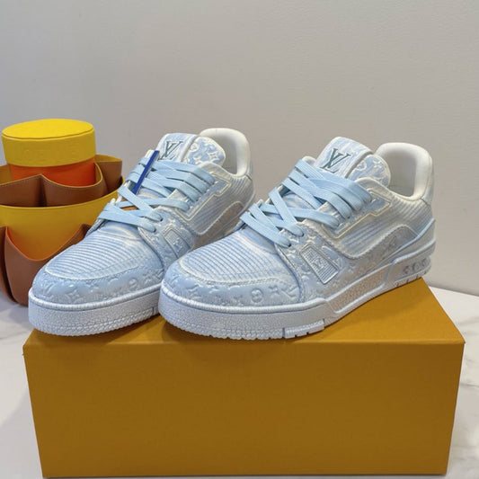 LV TRAINER MAXI SNEAKER IN WHITE MIX LIGHT BLUE EMBOSSED CALFSKIN - 35