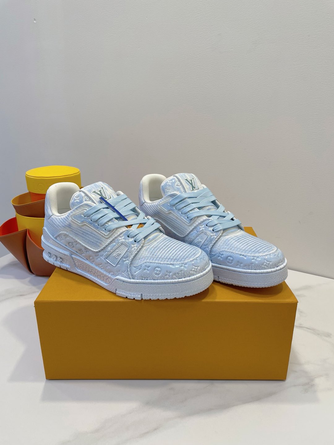 LV TRAINER MAXI SNEAKER IN WHITE MIX LIGHT BLUE EMBOSSED CALFSKIN - 35