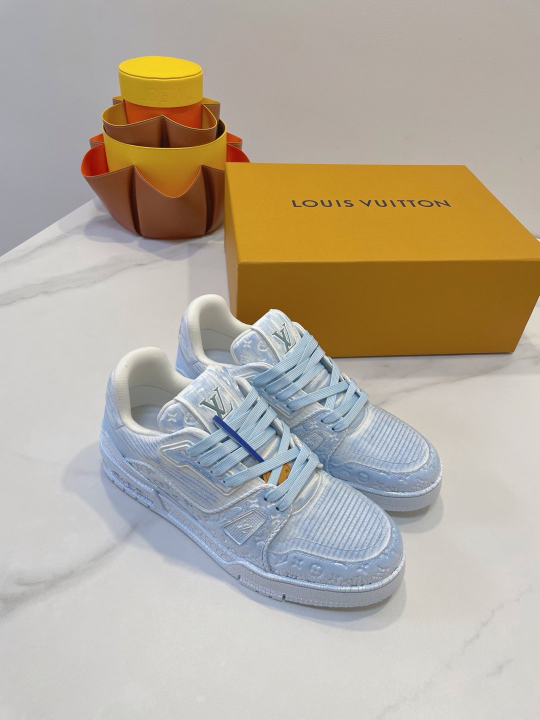 LV TRAINER MAXI SNEAKER IN WHITE MIX LIGHT BLUE EMBOSSED CALFSKIN - 35