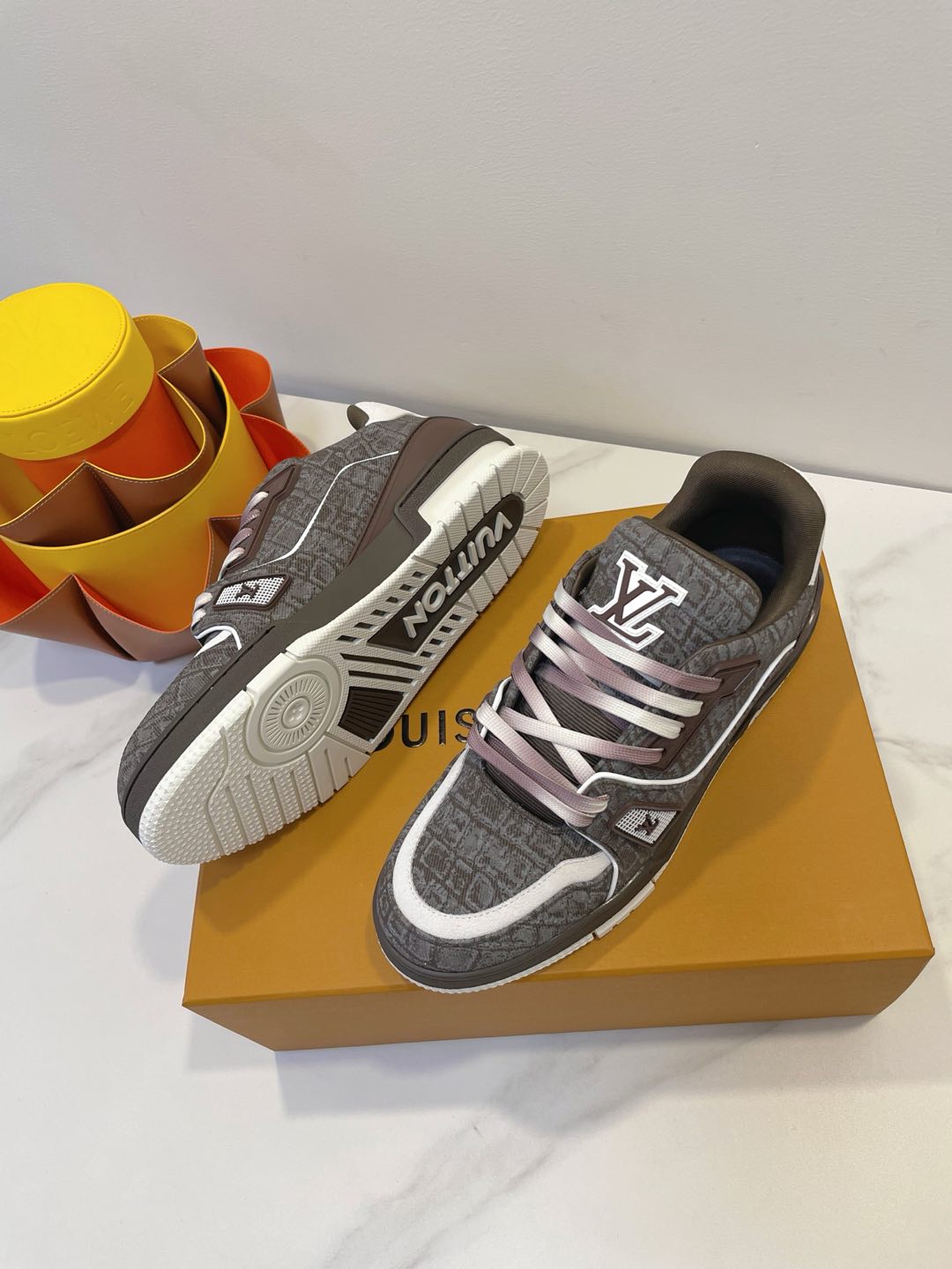 TRAINER SNEAKER IN WOOD BROWN MONOGRAM DENIM FABRIC - 35