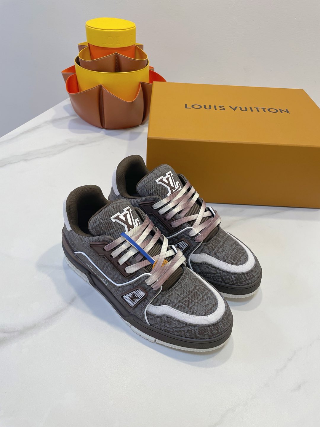 TRAINER SNEAKER IN WOOD BROWN MONOGRAM DENIM FABRIC - 35