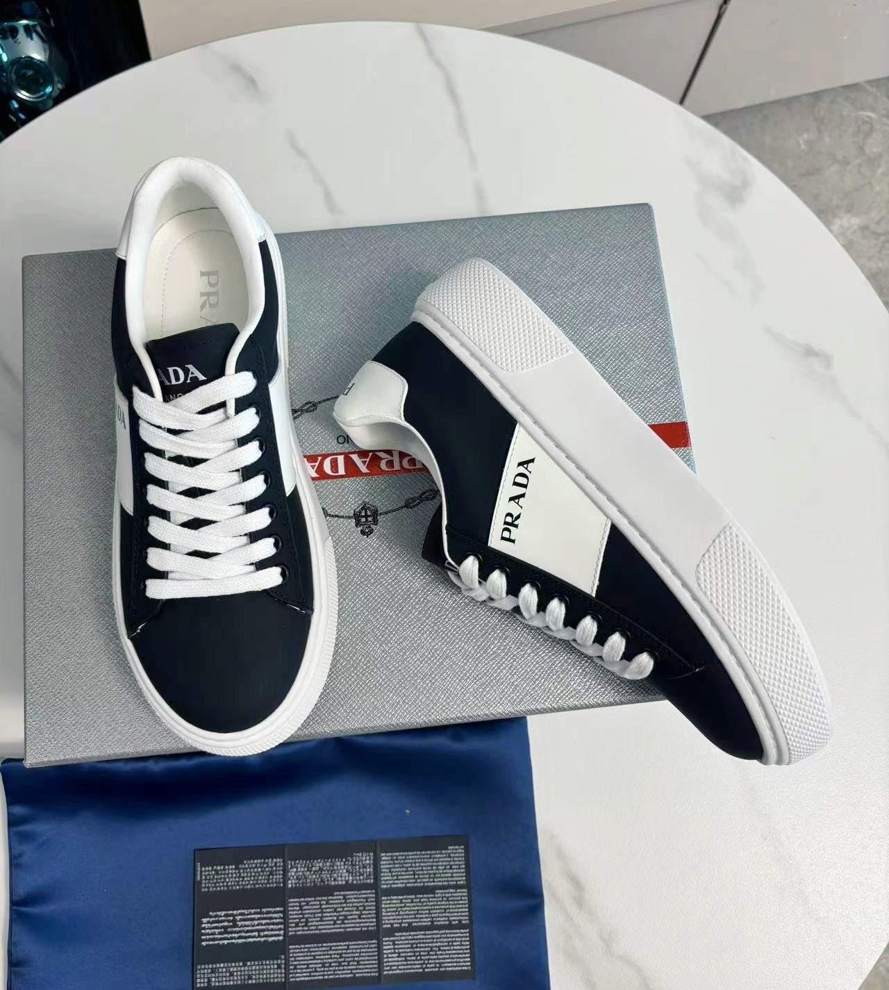 PRADA 25S LEATHER LOGO OUTLET SNEAKERS BLUISH BLACK CALFSKIN - 35