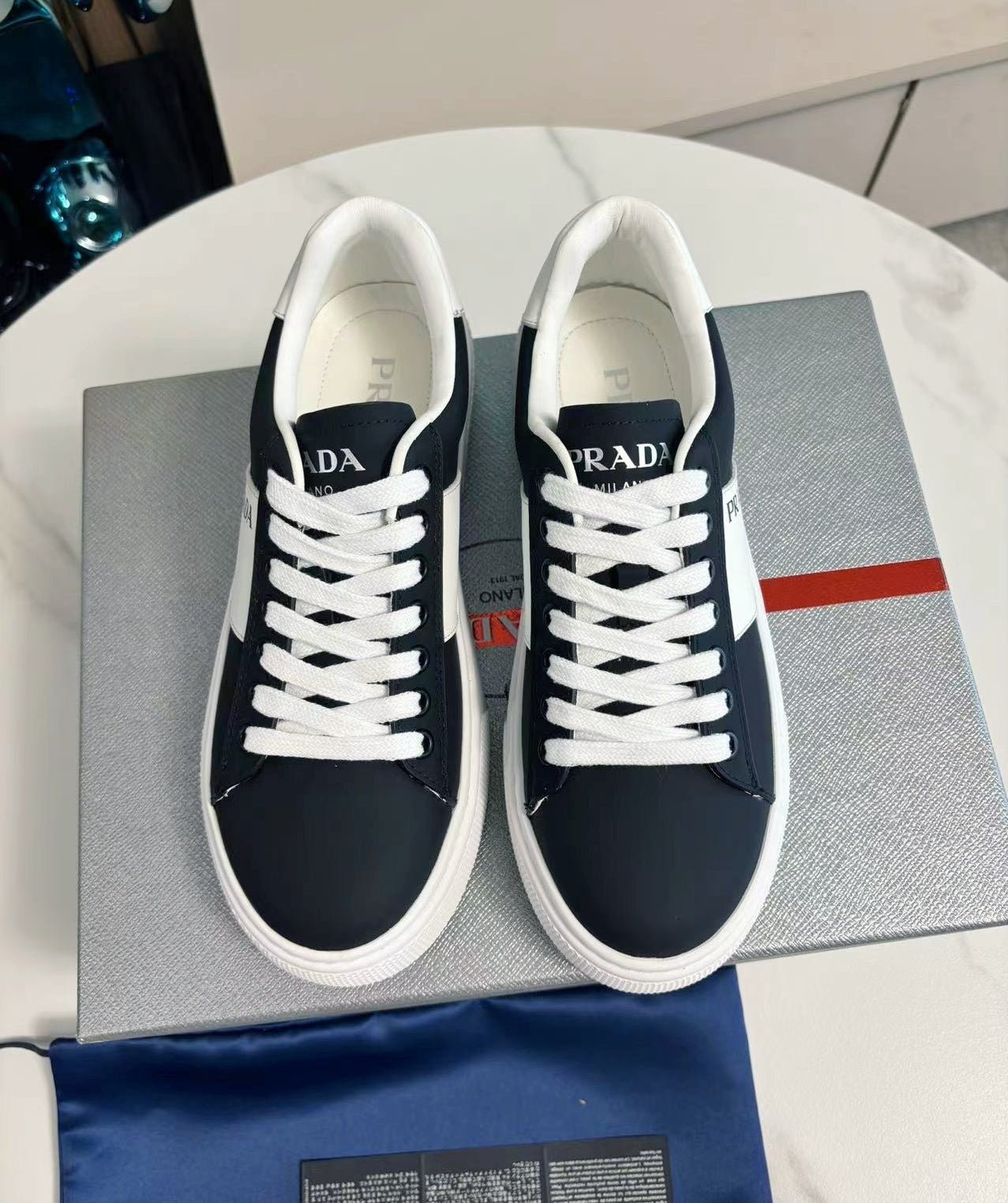 PRADA 25S LEATHER LOGO OUTLET SNEAKERS BLUISH BLACK CALFSKIN - 35
