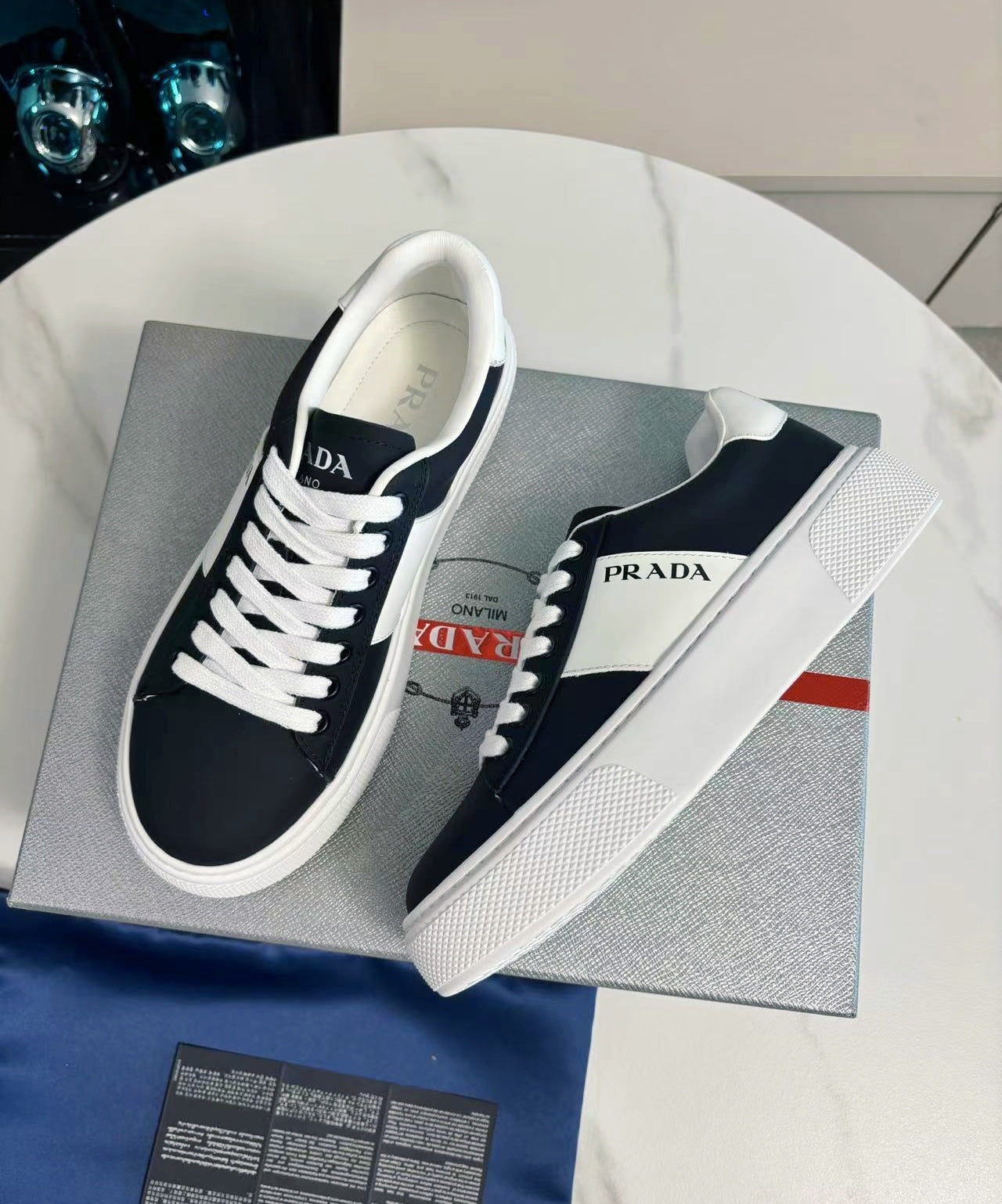 PRADA 25S LEATHER LOGO OUTLET SNEAKERS BLUISH BLACK CALFSKIN - 35