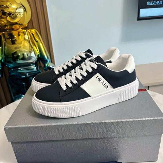 PRADA 25S LEATHER LOGO OUTLET SNEAKERS BLUISH BLACK CALFSKIN - 35