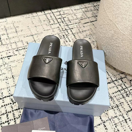 PRADA 25S PADDED SLIDES IN BLACK CALFSKIN WITH LOGO - 35