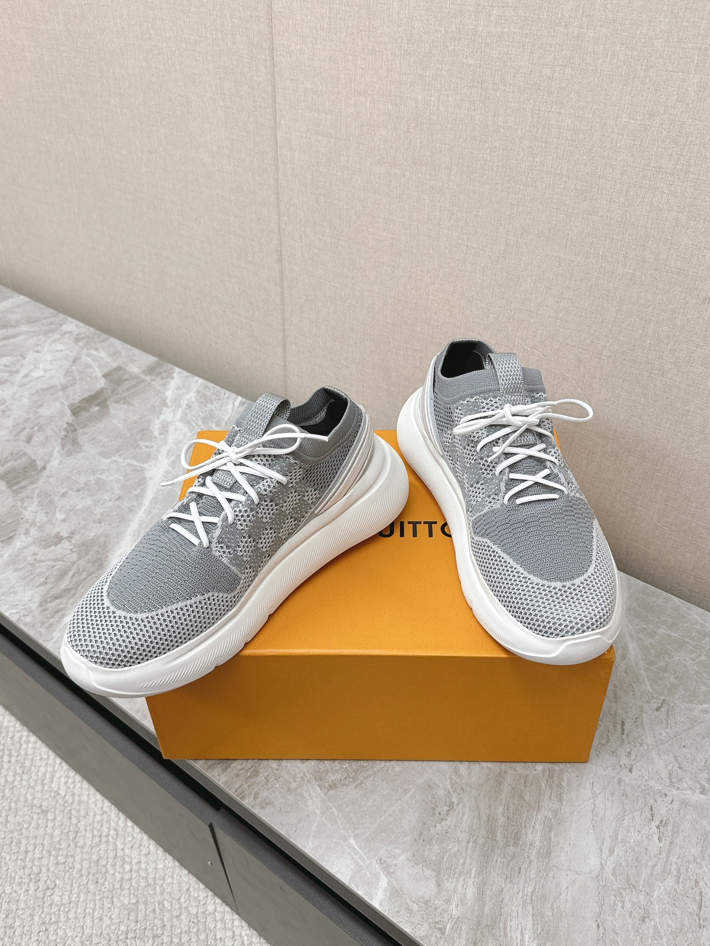 SNEAKERS IN DOVE GRAY DAMIER ELASTIC FABRIC - 39
