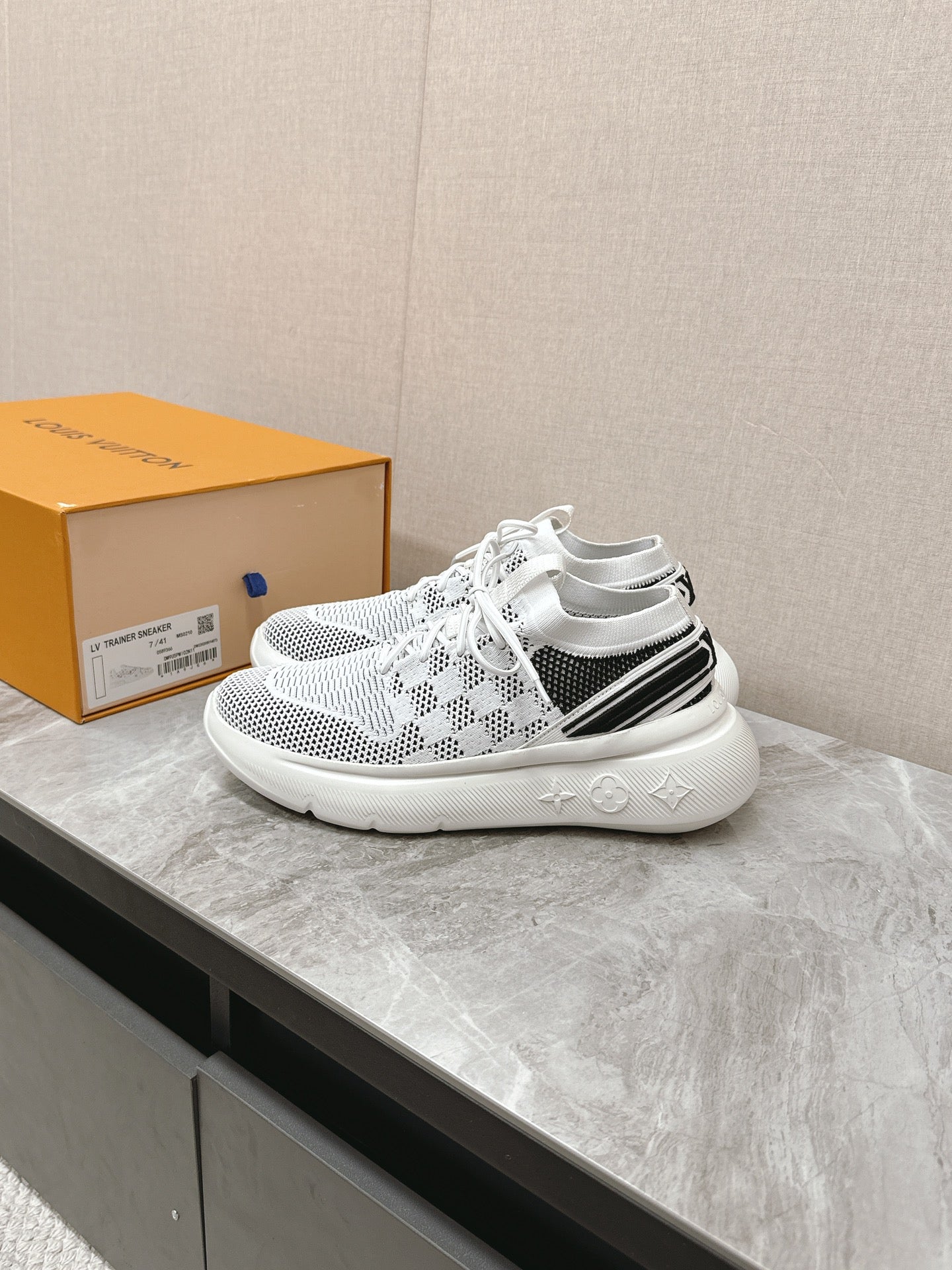 SNEAKERS IN WHITE DAMIER ELASTIC FABRIC - 39