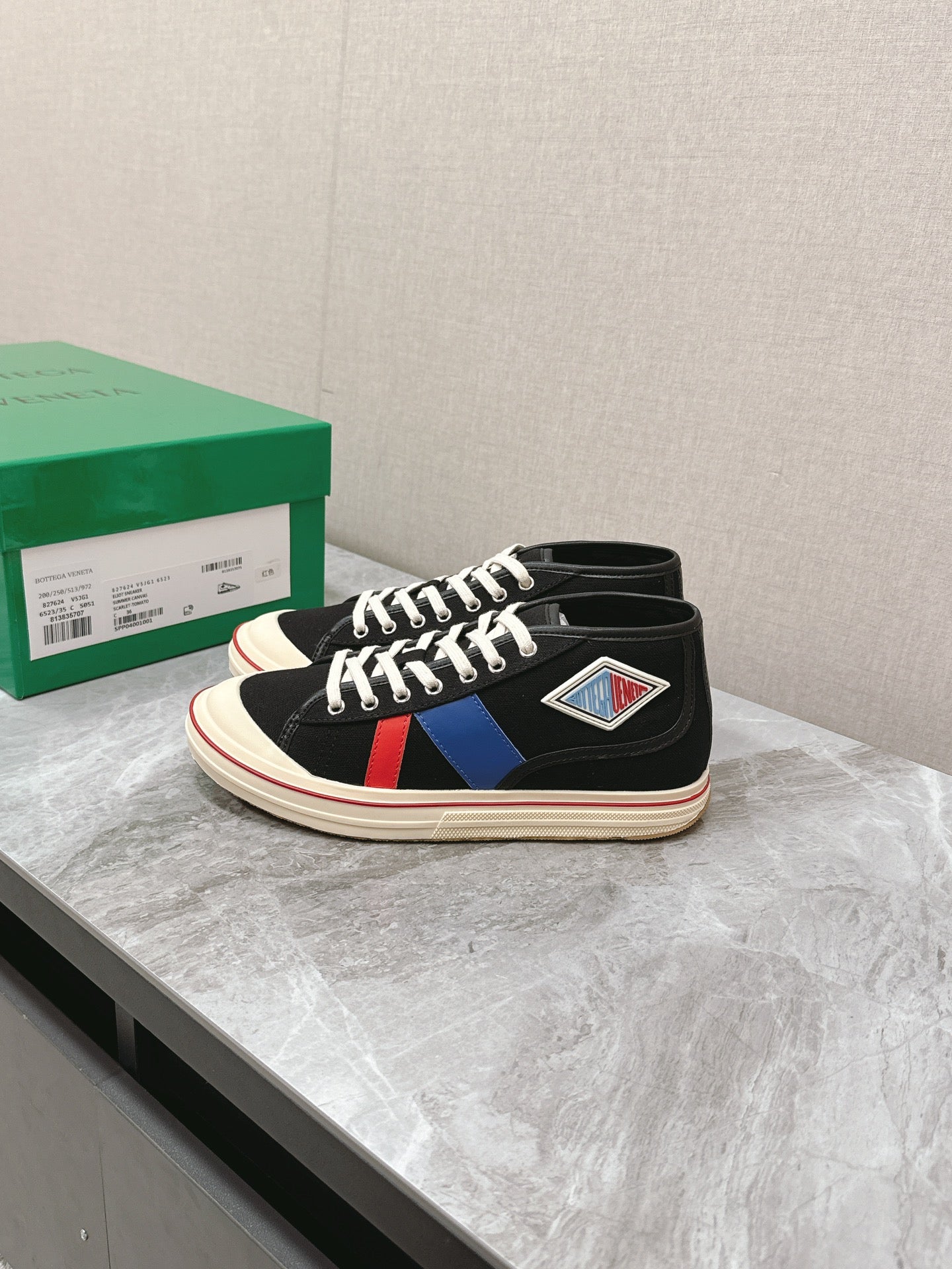 ELIOT SNEAKER IN BLACK MIX BLUE AND RED CANVAS AND CALFSKIN - 35