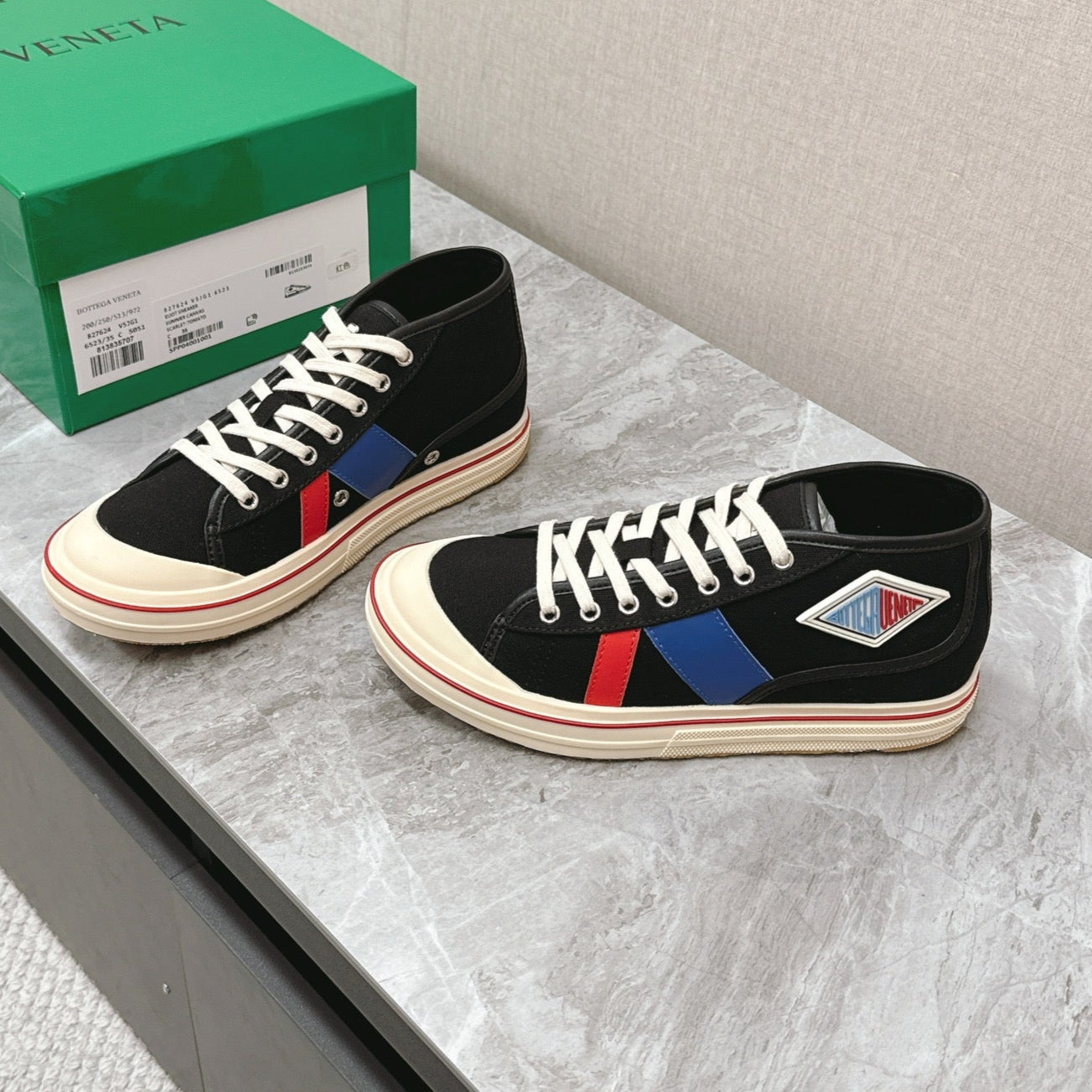 ELIOT SNEAKER IN BLACK MIX BLUE AND RED CANVAS AND CALFSKIN - 35