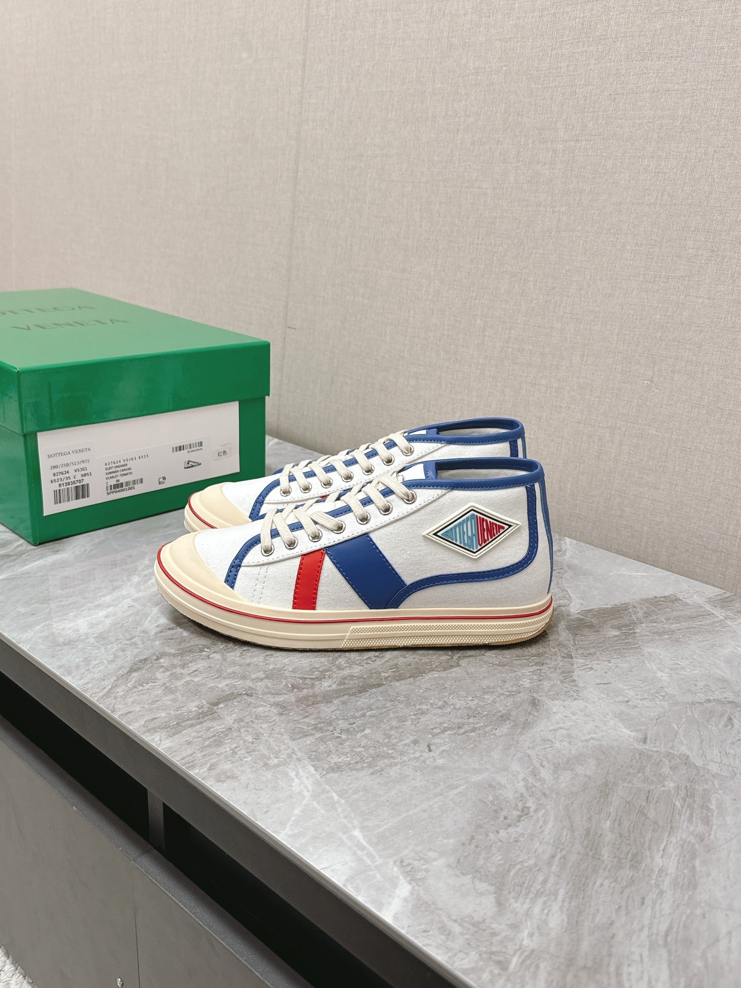 ELIOT SNEAKER IN WHITE CANVAS WITH NAVY BLUE CALFSKIN - 35
